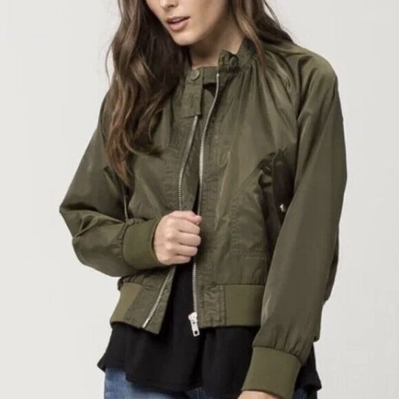 Free People Olive Green Full Zip Up Nylon Aviator Military Bomber Jacket - Picture 1 of 11